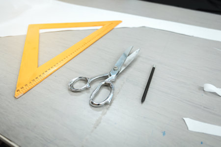 tailoring equipment on a industrial clothing designer tableの写真素材