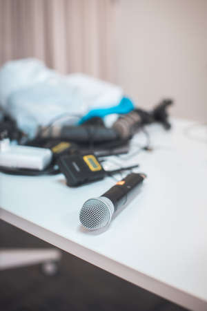 microphone and equipment ready for conference meetingの写真素材