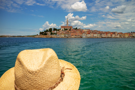 tourist arriving by boat to Rovinj, Croatiaの写真素材