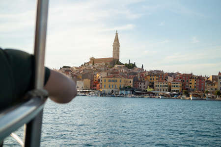 tourist arriving by boat to Rovinj, Croatiaの写真素材