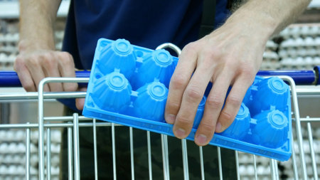 Close-up of a male buyer's hand putting blue eggs packaging into a shopping trolleyの写真素材