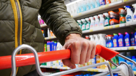 Close-up of a male buyer's hand pushing a shopping cart in a household chemicals department