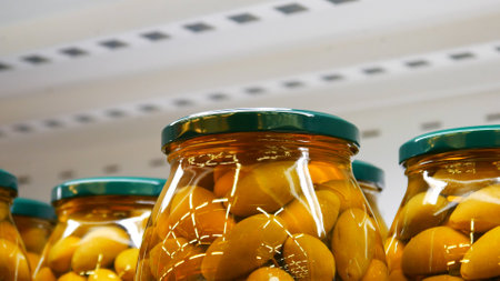 Close-up of many beautiful jars of olives
