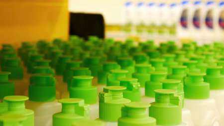 Many dish soap bottles with bright green caps in a storeの写真素材