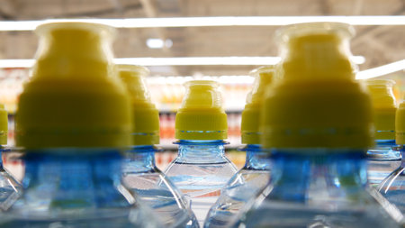Close-up of many sports plastic bottles of water with yellow caps on a store shelf