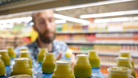 Close-up of many sports plastic bottles of water with yellow caps on a store shelf and a male buyer takes oneの写真素材
