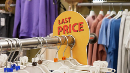 A round sign fixing on a clothing store rack with the inscription LAST PRICE