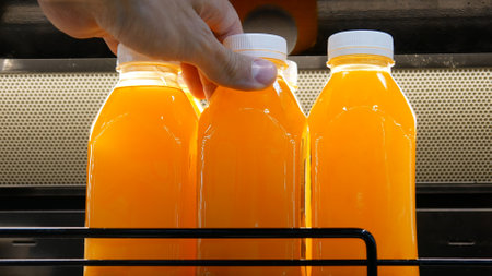 Close-up of plastic bottles with natural fruit juice on the fridge shelf and a male hand takes one