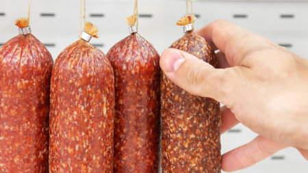 Close-up of several delicious salamis hanging on a special showcase and a buyer's hand takes one