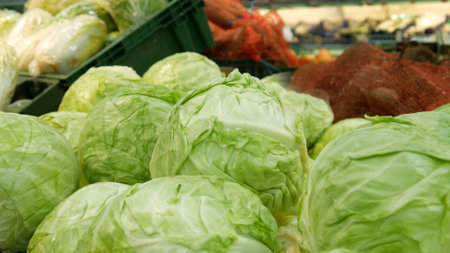 Close-up of a lot of fresh cabbages in the market