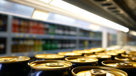 Close-up of many golden black cans of beer or energy drink on a store fridge shelf