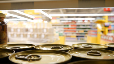 Close-up of many beautiful tin cans on a supermarket shelfの写真素材