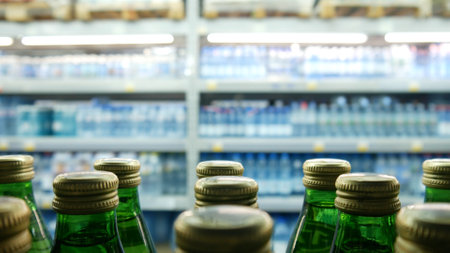 Close-up of many green glass bottles of water with metallic caps on a store shelfの写真素材