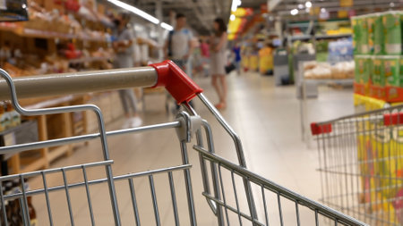 Close up of a shopping cart against blurred background of supermarket