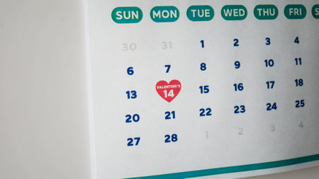 Close-up of a beautiful heart shaped symbol with Valentine's Day date on the wall calendar February pageの写真素材