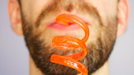 A young bearded man drinking from a beautiful twisted straw close-upの写真素材