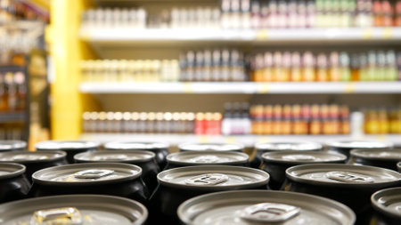 Close-up of many black cans of beer on a store shelf