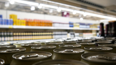 Close-up of many white cans of beer on a store shelfの写真素材