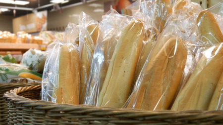 Close-up of many packaged baguettes in a big wicker basketの写真素材