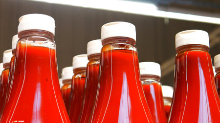 Close-up of many beautiful bottles of ketchup or tomato sauce in a supermarketの写真素材