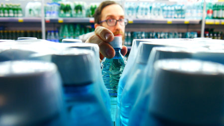 Close-up of many bottles of water on a store shelf and a male buyer takes oneの写真素材