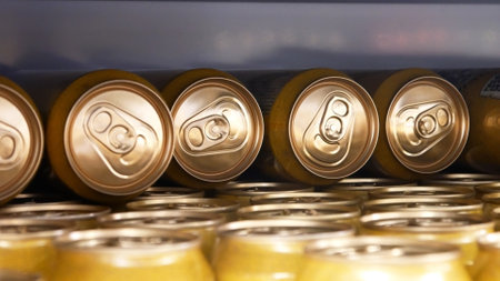 Close-up of many golden cans of beer in a fridgeの写真素材