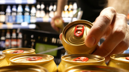 Close-up of a buyer hands taking two beautiful golden cans of beer and putting them into a shopping trolleyの写真素材