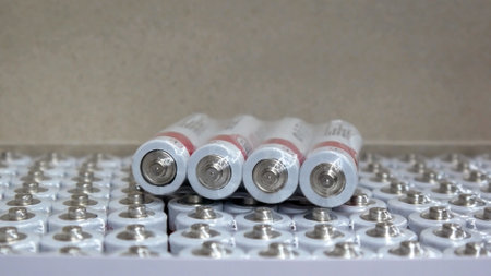 Close-up of a pack of four AA batteries on another many packs in a boxの写真素材