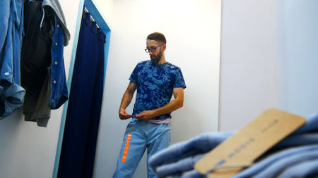 A man trying on blue denim pants in a fitting roomの写真素材