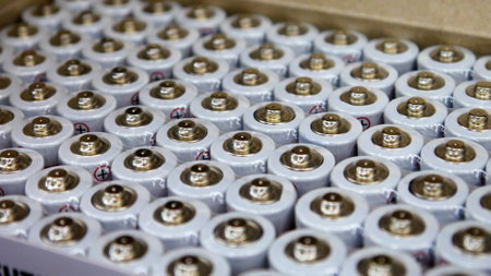 Close-up of many AA batteries in a boxの写真素材
