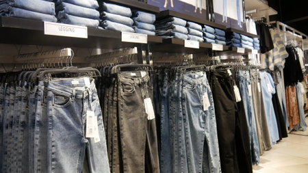 Many various jeans for women hanging on the rags in a clothing store