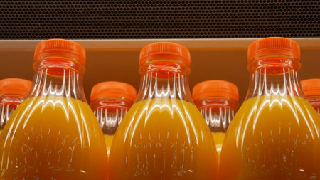 Close-up of many bottles with orange juice on a store refrigerator shelfの写真素材