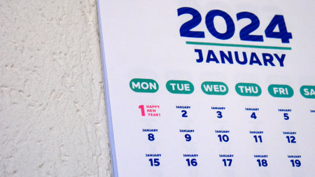 Close-up of the marked calendar New Year's date 2024の写真素材