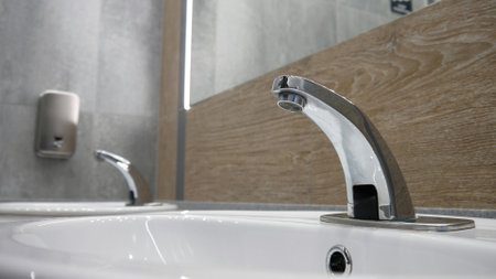Close-up of a nice modern tap in a public restroomの写真素材