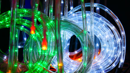 Many twisted LED strips glowing with colorful lights