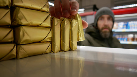 A male buyer taking a package of butter from the refrigerator shelf in a supermarket