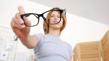 Close-up of black-framed glasses in the hand of a young womanの写真素材