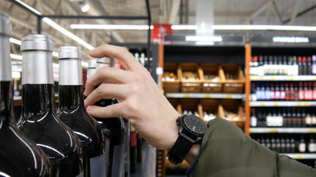Close-up of a male buyer's hand taking a glass bottle of red wine in a wine shopの写真素材