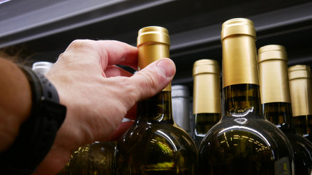 Close-up of a male hand taking a beautiful wine bottleの写真素材