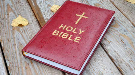 A Holy Bible book on a wooden surface in the rain