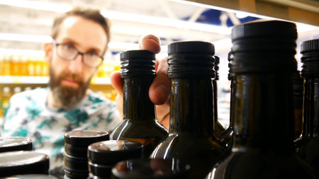 A male buyer taking a bottle of olive oil in a supermarketの写真素材