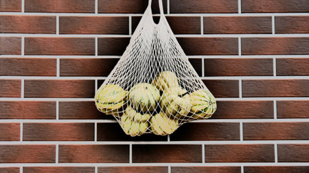 A white netbag full of many small pumpkins hanging an a brick wallの写真素材
