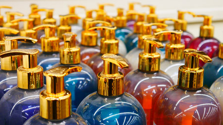 Close-up of many beautiful colorful bottles of perfume gel with golden dispenser caps standing in many rowsの写真素材