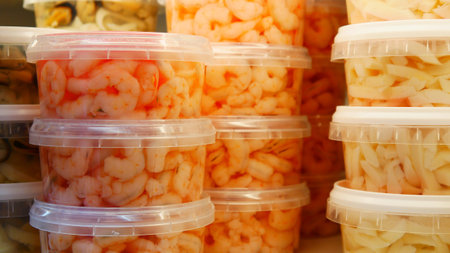 Close-up of many plastic containers of marinated shrimps and other seafood on a store shelfの写真素材