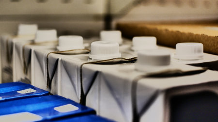 Close-up of many milk cartons