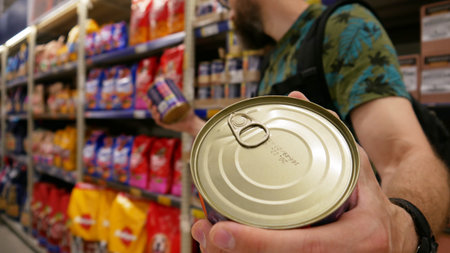 A male customer choosing canned dog food in a pet shop