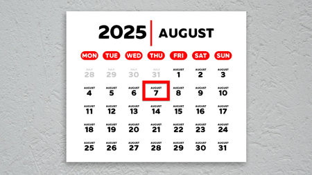 The date August 7th marked with a red cursor on the wall calendar 2025の写真素材