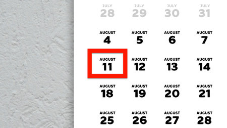 Close-up of the date August 11th marked with a red cursor on the wall calendar 2025の写真素材