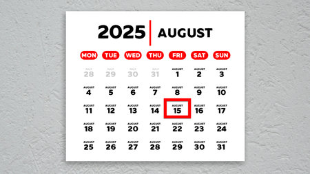 The date August 15th marked with a red cursor on the wall calendar 2025の写真素材