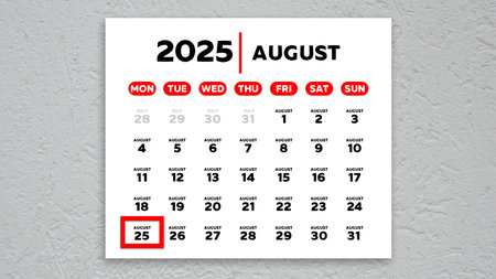 The date August 25th marked with a red cursor on the wall calendar 2025の写真素材
